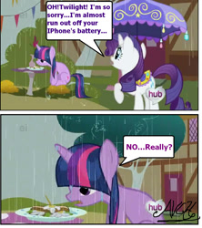 Size: 995x1121 | Tagged: safe, artist:avchonline, edit, edited screencap, screencap, twilight sparkle, unicorn twilight, pony, unicorn, the ticket master, comic, daffodil and daisy sandwich, dialogue, female, hub logo, mare, rain, raised hoof, screencap comic, speech bubble, tree, umbrella, wet mane