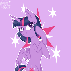 Size: 1100x1100 | Tagged: safe, artist:goddess-lidark, twilight sparkle, twilight sparkle (alicorn), alicorn, pony, bipedal, cute, cutie mark background, ear fluff, female, mare, solo, twiabetes