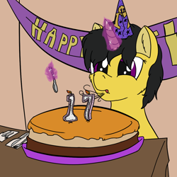 Size: 1000x1000 | Tagged: safe, artist:littlepony115, oc, pony, unicorn, birthday, black mane, cake, food, fork, gift for friend, knife, male, purple eyes, solo, spoon, stallion, yellow coat