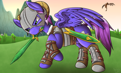 Size: 4000x2400 | Tagged: safe, artist:noctaliansfw, oc, oc:diode, dragon, pegasus, pony, armor, skyrim, solo, sword, the elder scrolls, weapon