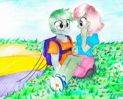 Size: 1124x908 | Tagged: safe, artist:liaaqila, oc, oc only, oc:software patch, oc:windcatcher, equestria girls, clothes, commission, couple, dress, equestria girls-ified, flower, glasses, outdoors, parachute, shoes, sitting on person, sneakers, traditional art, windpatch