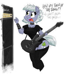 Size: 1200x1335 | Tagged: safe, artist:flutterthrash, limestone pie, anthro, black underwear, choker, clothes, dialogue, ear fluff, ear piercing, electric guitar, female, fishnets, guitar, musical instrument, open mouth, panties, piercing, simple background, solo, spiked choker, spiked wristband, underwear, white background, wristband