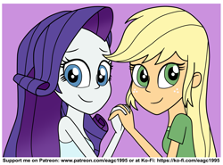 Size: 2293x1693 | Tagged: safe, artist:eagc7, applejack, rarity, equestria girls, clothes, cute, duo, female, holding hands, jackabetes, ko-fi, lesbian, patreon, raribetes, rarijack, shipping, simple background, sleeveless, tanktop