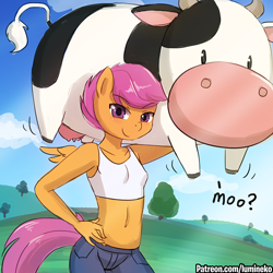 Size: 750x750 | Tagged: safe, artist:lumineko, scootaloo, anthro, cow, apple bloomers, apple buruma project, belly button, boobaloo, breasts, clothes, harvest moon, looking at you, midriff, moo, older, older scootaloo, smiling, sports bra, super strength, udder