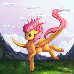 Size: 2000x2000 | Tagged: safe, artist:miokomata, fluttershy, pegasus, pony, colored hooves, female, floppy ears, flying, freckles, freckleshy, looking at you, mare, mountain, outdoors, raised hoof, solo, spread wings, three quarter view, wings