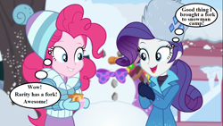 Size: 1280x720 | Tagged: safe, edit, edited screencap, screencap, pinkie pie, rarity, equestria girls, equestria girls series, holidays unwrapped, spoiler:eqg series (season 2), bow, carrot, clothes, coat, comic, food, fork, hat, mittens, rarity's winter hat, rock, snowman, souffle, text, thought bubble, toque, window