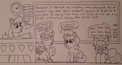 Size: 1450x780 | Tagged: safe, artist:rapidsnap, apple bloom, cheerilee, scootaloo, sweetie belle, apple, chalkboard, cutie mark crusaders, desk, detention, food, school, traditional art, wip