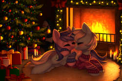 Size: 3500x2324 | Tagged: safe, artist:avrameow, sea swirl, seafoam, oc, oc:eula phi, pony, unicorn, background pony, blushing, candle, canon x oc, clothes, eyes closed, female, fire, fireplace, hearth's warming, hearth's warming tree, holiday, lesbian, mare, present, shipping, sweater, tree