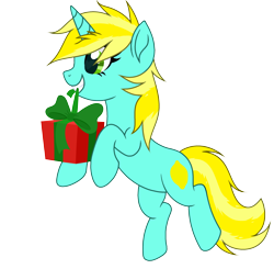 Size: 3000x2936 | Tagged: safe, artist:alfury, artist:starshade, oc, oc:lemondime, pony, unicorn, 2020 community collab, base used, christmas, derpibooru community collaboration, female, holiday, merry christmas, png, present, simple background, solo, transparent background, yellow mane