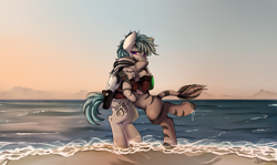 Size: 3117x1857 | Tagged: safe, artist:pridark, oc, oc only, oc:joey, oc:zuri, pegasus, zebra, fallout equestria, fanfic:fallout equestria: wildest dreams, beach, bipedal, commission, cute, eyes closed, ocean, open mouth, pegasus oc, purple eyes, reunion, sand, zebra oc