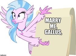 Size: 673x499 | Tagged: safe, artist:frownfactory, silverstream, hippogriff, uprooted, exploitable, female, flipchart, gallstream, gru's plan, implied gallus, jewelry, marriage proposal, necklace, shipping, simple background, solo, straight, subtle as a train wreck, transparent background, vector, wings