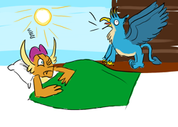 Size: 1400x1000 | Tagged: safe, artist:horsesplease, gallus, smolder, bird, dragon, griffon, angry, bed, behaving like a bird, blanket, crowing, derp, dragoness, fangs, female, frown, gallus the rooster, glare, griffons doing bird things, grumpy, male, morning, one eye closed, open mouth, pillow, sleeping, smolder is not amused, spread wings, sun, tongue out, unamused, waking up, wat, wide eyes, wings, wink