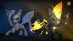 Size: 1920x1080 | Tagged: safe, artist:phoenixtm, oc, oc:delta firedash, oc:zyra, bat pony, dracony, hybrid, 3d, armor, bat pony oc, dracony alicorn, fur, horns, looking at you, scales, shiny, slit eyes, source filmmaker, spread wings, wings