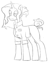 Size: 658x814 | Tagged: safe, artist:toricelli, oc, oc:eliza, pony, unicorn, denim shirt, monochrome, name tag, simple background, sketch, solo