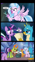 Size: 640x1134 | Tagged: safe, edit, edited screencap, editor:teren rogriss, screencap, gallus, ocellus, silverstream, smolder, thorax, twilight sparkle, twilight sparkle (alicorn), alicorn, changedling, changeling, dragon, griffon, hippogriff, pony, uprooted, cave, comic, disguise, disguised changeling, king thorax, paper, rock, rock paper scissors, rockellus, scissors, screencap comic