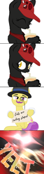 Size: 720x2880 | Tagged: safe, artist:aaronmk, oc, oc:sabotage, sphinx, buttons, drinking, glowing eyes, hat, iww, milkshake, monocle, motion blur, sign, sphinx oc, text, top hat, vulgar, yeet