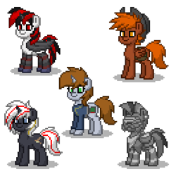 Size: 400x400 | Tagged: safe, artist:venombronypl, oc, oc only, oc:blackjack, oc:calamity, oc:littlepip, oc:steelhooves, oc:velvet remedy, cyborg, earth pony, pegasus, pony, unicorn, fallout equestria, fallout equestria: project horizons, applejack's rangers, armor, augmented, clothes, cowboy hat, cyber legs, dashite, fanfic, fanfic art, female, gun, hat, hooves, horn, level 2 (project horizons), male, mare, pipbuck, pixel art, pony town, power armor, simple background, stallion, steel ranger, transparent background, vault suit, weapon, wings