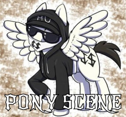 Size: 638x592 | Tagged: safe, artist:akie-tara, edit, editor:undeadponysoldier, oc, oc only, pegasus, pony, bandana, charlie scene, clothes, hat, hollywood undead, hoodie, male, ponified, raised hoof, rapper, solo, spread wings, stallion, wings