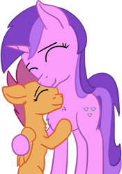 Size: 770x1100 | Tagged: safe, amethyst star, scootaloo, sparkler, pegasus, pony, unicorn, background pony, chest fluff, eyes closed, female, filly, hug, mare, scootalove