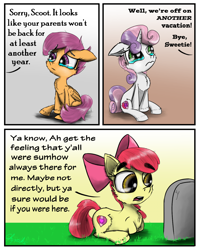 Size: 2000x2516 | Tagged: safe, artist:chopsticks, apple bloom, scootaloo, sweetie belle, earth pony, pegasus, pony, unicorn, bow, chest fluff, comic, crying, cute, cutie mark, cutie mark crusaders, dark comedy, dialogue, ear fluff, female, filly, grass, gravestone, hair bow, hoof fluff, implied death, offscreen character, parenting, sad, sadorable, scootasad, text, the cmc's cutie marks, this will end in tears