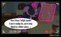 Size: 640x386 | Tagged: safe, edit, edited screencap, editor:teren rogriss, screencap, twilight sparkle, twilight sparkle (alicorn), alicorn, pony, friendship university, camera view, disguise, eyepatch, eyepatch (disguise), solo