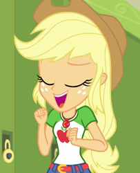 Size: 584x719 | Tagged: safe, screencap, applejack, better together, equestria girls, holidays unwrapped, applejack's hat, clothes, cowboy hat, cropped, eyes closed, female, geode of super strength, hat, lockers, magical geodes, smiling