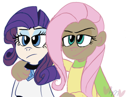 Size: 800x613 | Tagged: safe, artist:mirabuncupcakes15, fluttershy, rarity, human, choker, clothes, dark skin, eyeshadow, female, fluttershy is not amused, humanized, makeup, rarity is not amused, scarf, simple background, sweater, sweatershy, unamused, white background