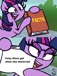 Size: 760x1015 | Tagged: safe, cozy glow, twilight sparkle, twilight sparkle (alicorn), alicorn, pony, the ending of the end, book, cozybuse, exploitable meme, facts, leak, meme, op is a cuck, op is objectively wrong, op is trying to start shit, op is wrong, twilight's fact book