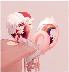 Size: 1600x1670 | Tagged: safe, artist:little-sketches, oc, oc:ayaka, draconequus, alternate design, chest fluff, christmas, draconequus oc, ear fluff, eye clipping through hair, female, food, hat, holiday, hot dog, meat, multicolored hair, necktie, plate, santa hat, sausage, sitting, solo, stool, table