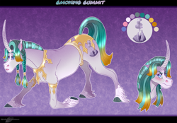 Size: 1310x910 | Tagged: safe, artist:bijutsuyoukai, oc, oc:smoking summit, pony, unicorn, female, mare, offspring, parent:mistmane, parent:rockhoof, reference sheet, solo