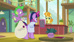 Size: 1920x1080 | Tagged: safe, screencap, spike, twilight sparkle, twilight sparkle (alicorn), alicorn, dragon, the point of no return, bag, female, male, saddle bag, teddie safari, winged spike