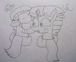 Size: 3505x2861 | Tagged: safe, artist:徐詩珮, fizzlepop berrytwist, spring rain, tempest shadow, pony, unicorn, broken horn, clothes, female, hat, horn, kissing, lesbian, lineart, mare, scarf, shipping, springshadow, traditional art, tsundere, tsundere shadow