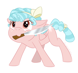 Size: 850x800 | Tagged: safe, artist:enigmadoodles, cozy glow, pegasus, pony, cozybetes, cute, female, filly, floppy ears, freckles, knife, missing cutie mark, mouth hold, pure concentrated unfiltered evil of the utmost potency, simple background, solo, white background