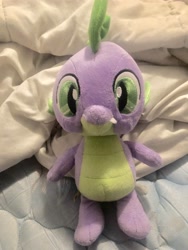 Size: 3024x4032 | Tagged: safe, artist:undeadponysoldier, photographer:undeadponysoldier, spike, dragon, adorable face, bed, blanket, build-a-bear, cute, fangs, irl, looking at you, male, photo, plushie, solo