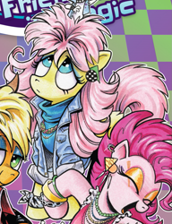 Size: 915x1190 | Tagged: safe, derpibooru import, idw, applejack, fluttershy, pinkie pie, earth pony, pegasus, pony, spoiler:comic, spoiler:comic64, clothes, costume, tina turner