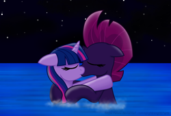 Size: 3840x2600 | Tagged: safe, artist:ejlightning007arts, tempest shadow, twilight sparkle, pony, unicorn, broken horn, eyes closed, female, horn, kissing, lesbian, mare, shipping, swimming, tempestlight, water