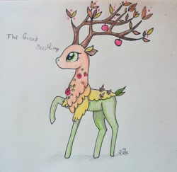 Size: 930x903 | Tagged: safe, artist:glitteringdew, the great seedling, deer, pony, going to seed, apple, branches for antlers, dryad, flower, leaf, raised hoof, rose, solo, traditional art