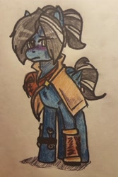 Size: 2660x3981 | Tagged: safe, artist:novel-idea, artist:rebellious_requiem, oc, oc only, oc:blue venture, pegasus, pony, fanfic:unity timeline, clothes, solo, traditional art