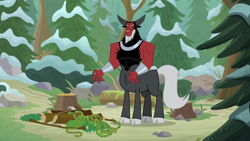 Size: 1920x1080 | Tagged: safe, screencap, lord tirek, centaur, frenemies (episode), cloven hooves, forest, log, male, nose piercing, nose ring, piercing, pine tree, snow, solo, tree, tree stump