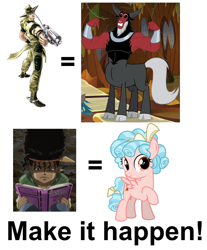 Size: 712x860 | Tagged: safe, cozy glow, lord tirek, human, pegasus, pony, boingo, boingo oingo, exploitable meme, female, filly, freckles, hol horse, jojo's bizarre adventure, make it happen, male, meme, the emperor