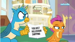 Size: 1280x720 | Tagged: safe, edit, edited screencap, screencap, gallus, smolder, student counsel, angry, book, caption, cartoonito logo, female, gallus holding book, image macro, male, shipping, smollus, straight, text