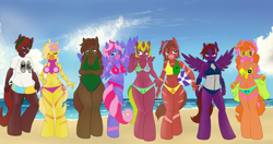 Size: 3800x2000 | Tagged: artist needed, safe, oc, alicorn, earth pony, pegasus, unicorn, zebra, alicorn oc, armpits, beach, beach ball, clothes, earth pony oc, harem, heterochromia, pegasus oc, swimsuit, tankini, unicorn oc, zebra oc