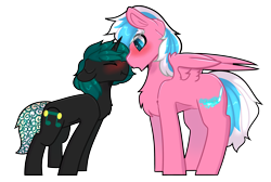 Size: 3500x2345 | Tagged: safe, artist:sailor, oc, oc only, oc:chasing dawn, oc:whirlytail, pegasus, pony, unicorn, blushing, boop, cute, gay, male, nose wrinkle, noseboop, size difference, stallion, surprised