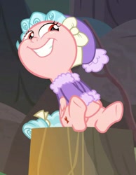 Size: 747x964 | Tagged: safe, screencap, cozy glow, pegasus, pony, frenemies (episode), cozy glow is best facemaker, cropped, faic, female, filly, solo, tree stump, winter outfit