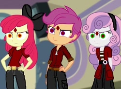 Size: 706x516 | Tagged: safe, edit, edited screencap, editor:thomasfan45, screencap, apple bloom, scootaloo, sweetie belle, equestria girls, 1000 hours in ms paint, alternate costumes, apple bloom's bow, belt, bow, clothes, corrupted, evil grin, gemstones, grin, hair bow, headband, hypno eyes, mind control, skirt, smiling, solo