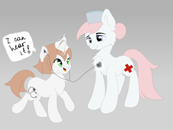 Size: 2600x1965 | Tagged: safe, artist:ana-ph, nurse redheart, oc, oc:healing touch, pony, checkup, cute, excited, listening, practice, stethoscope, training