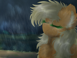 Size: 1084x814 | Tagged: safe, artist:vanillaswirl6, derpibooru import, applejack, earth pony, pony, bust, cheek fluff, chest fluff, ear fluff, eyes closed, female, fluffy, freckles, mare, rain, redraw, smiling, solo, wet, wet mane