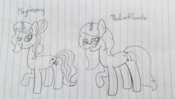 Size: 4032x2268 | Tagged: safe, artist:rainbow dash is best pony, oc, oc only, oc:curse word, oc:magpie, pony, unicorn, glasses, lined paper, magpiepony, pencil drawing, thelostnarrator, traditional art