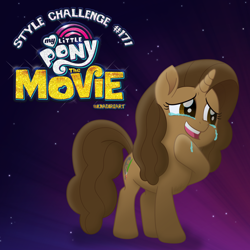 Size: 2000x2000 | Tagged: safe, artist:knadire, oc, oc only, oc:cell shader, pony, unicorn, my little pony: the movie, artist, brown eyes, brown mane, crying, curly hair, curly mane, female, film reel, gradient, gradient background, happy, laughing, mare, movie accurate, paintbrush, shading, simple background, solo, style challenge