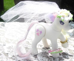 Size: 721x593 | Tagged: safe, photographer:moonlightdreams, pony, g2, cute, dainty dove (g2), lace, photo, toy, wedding veil